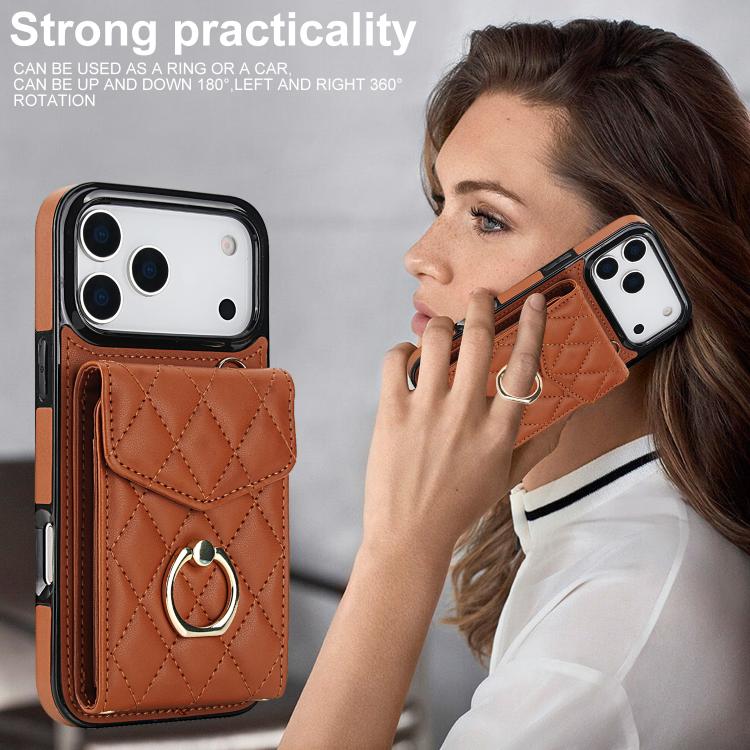 For iPhone 17 Pro Rhombic Texture Card Bag Phone Case with Long Lanyard