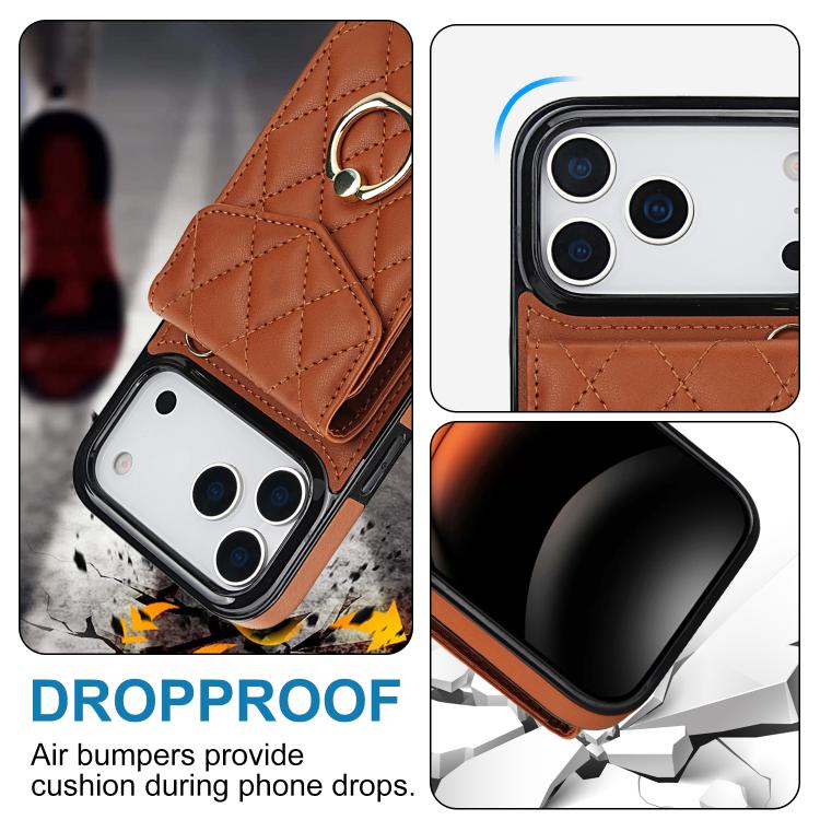 For iPhone 17 Pro Rhombic Texture Card Bag Phone Case with Long Lanyard