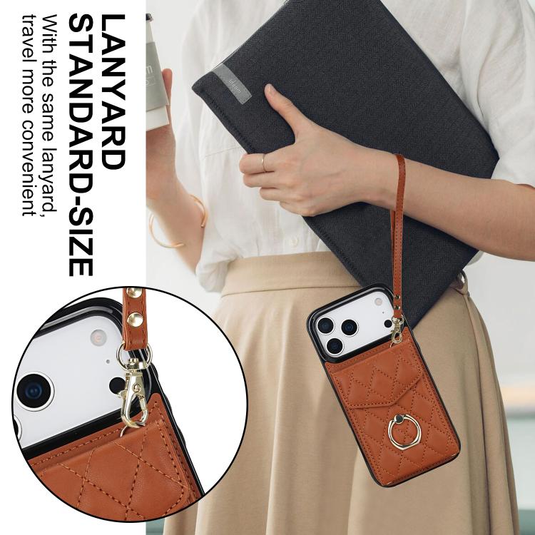 For iPhone 17 Pro Rhombic Texture Card Bag Phone Case with Long Lanyard