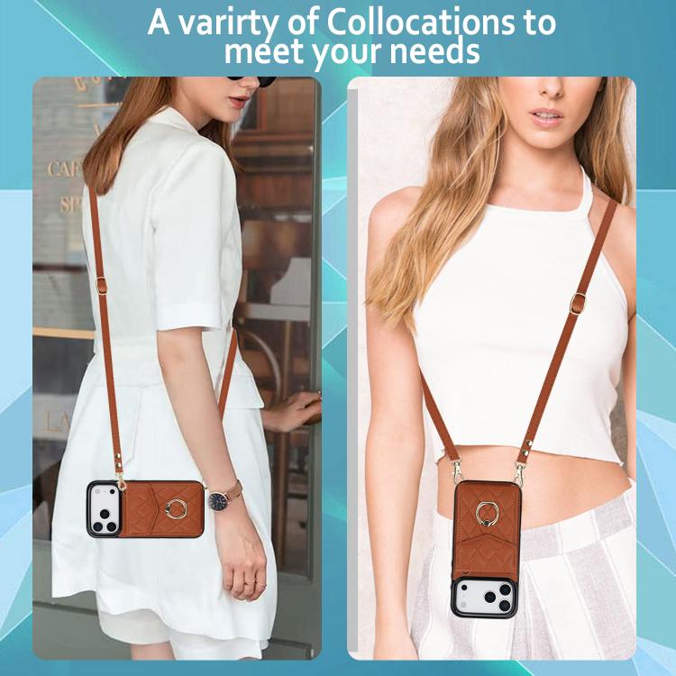 For iPhone 17 Pro Rhombic Texture Card Bag Phone Case with Long Lanyard
