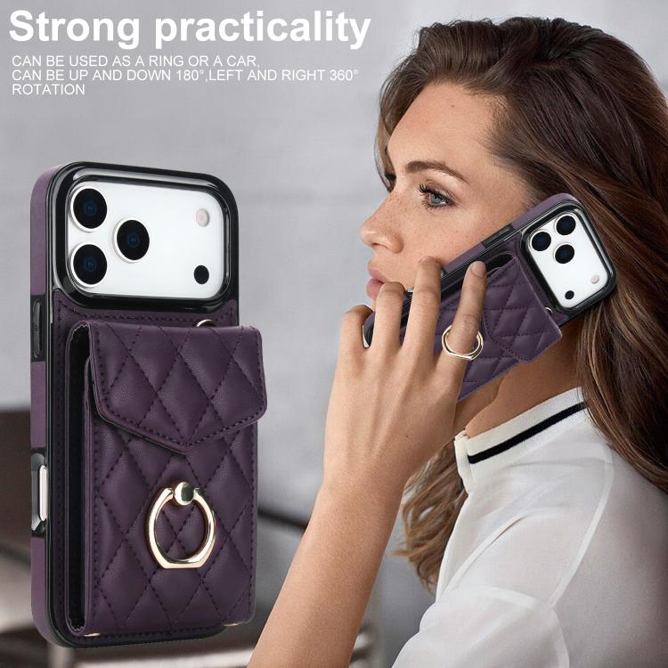 For iPhone 17 Pro Rhombic Texture Card Bag Phone Case with Long Lanyard