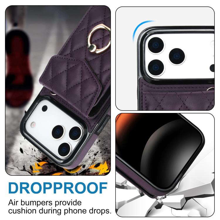 For iPhone 17 Pro Rhombic Texture Card Bag Phone Case with Long Lanyard