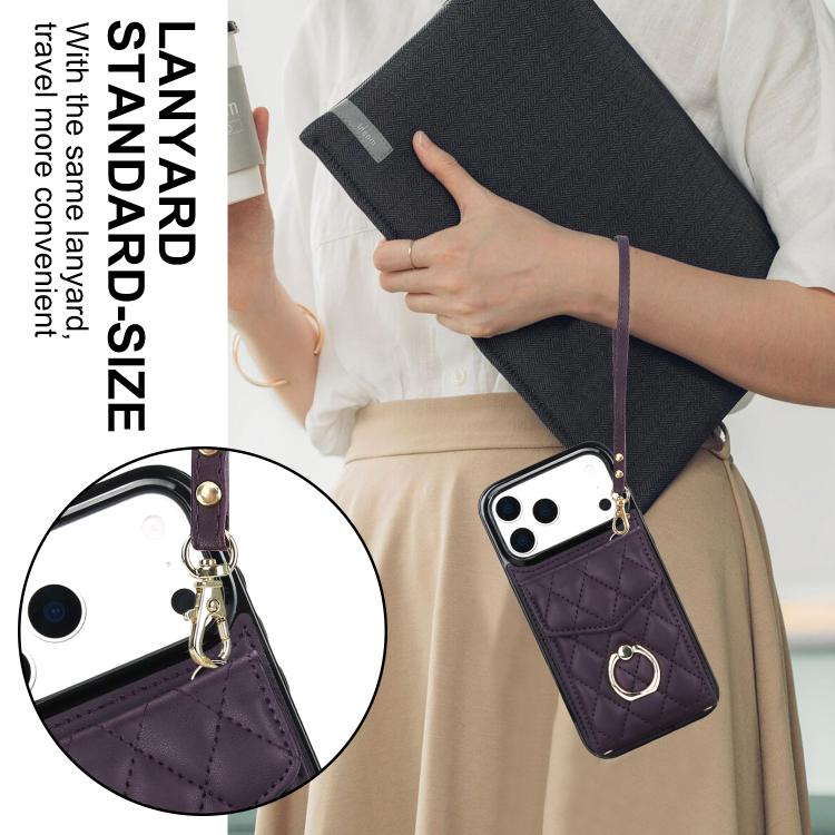 For iPhone 17 Pro Rhombic Texture Card Bag Phone Case with Long Lanyard