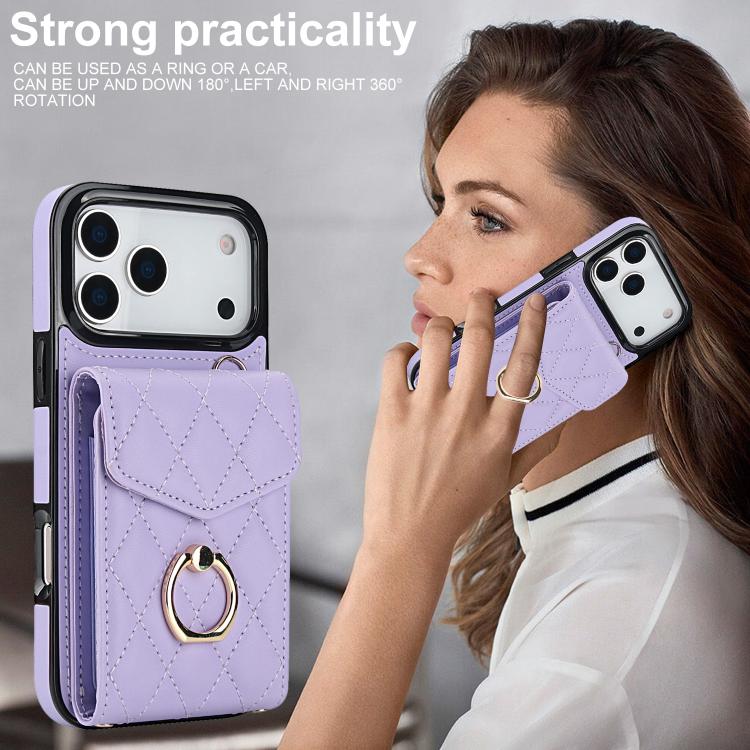 For iPhone 17 Pro Rhombic Texture Card Bag Phone Case with Long Lanyard