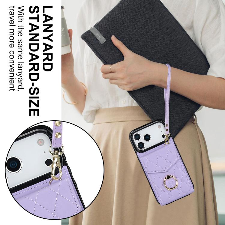 For iPhone 17 Pro Rhombic Texture Card Bag Phone Case with Long Lanyard