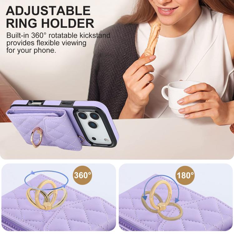For iPhone 17 Pro Rhombic Texture Card Bag Phone Case with Long Lanyard