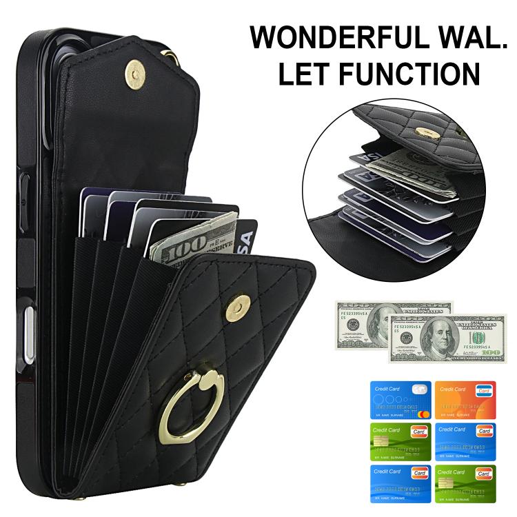 For iPhone 17 Rhombic Texture Card Bag Phone Case with Long Lanyard