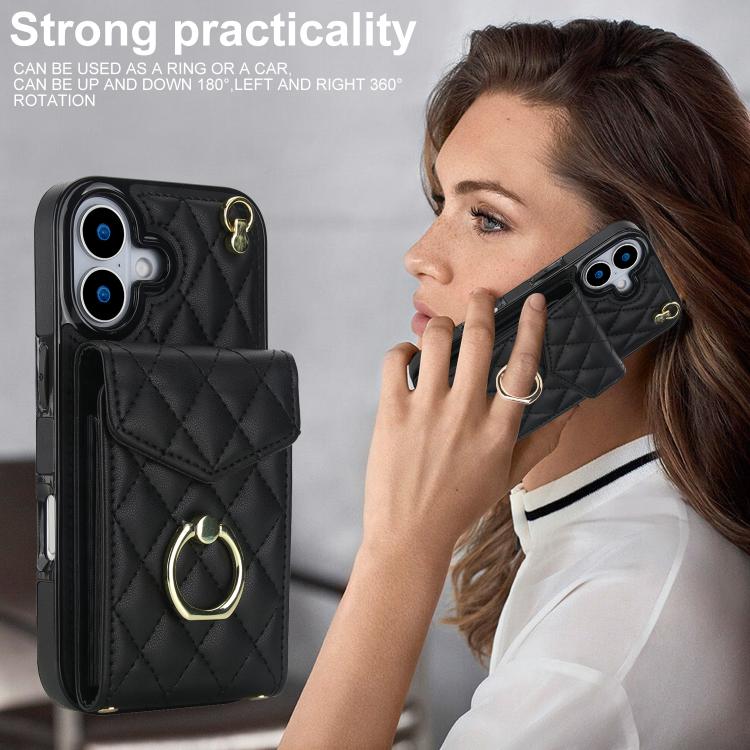 For iPhone 17 Rhombic Texture Card Bag Phone Case with Long Lanyard