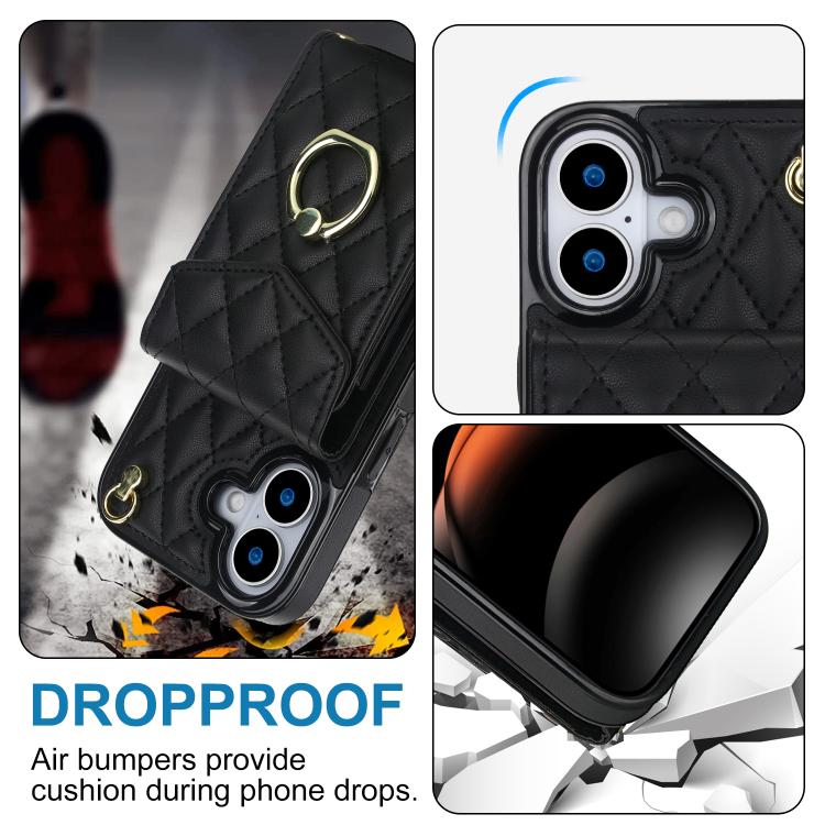 For iPhone 17 Rhombic Texture Card Bag Phone Case with Long Lanyard