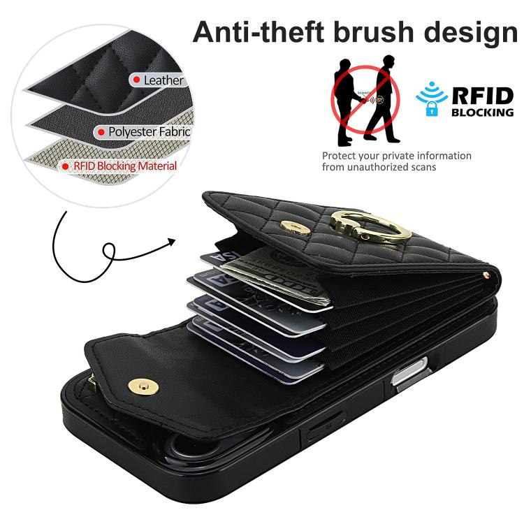 For iPhone 17 Rhombic Texture Card Bag Phone Case with Long Lanyard