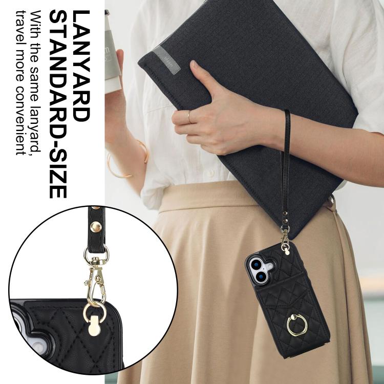 For iPhone 17 Rhombic Texture Card Bag Phone Case with Long Lanyard