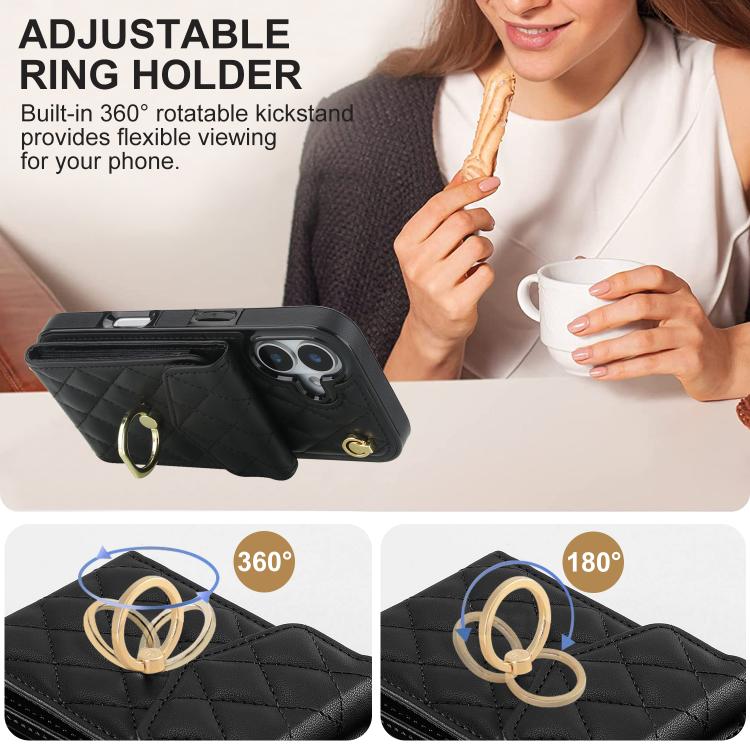 For iPhone 17 Rhombic Texture Card Bag Phone Case with Long Lanyard