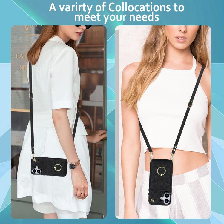 For iPhone 17 Rhombic Texture Card Bag Phone Case with Long Lanyard