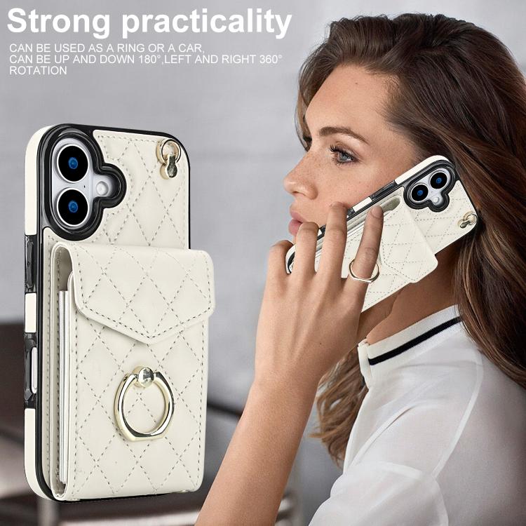 For iPhone 17 Rhombic Texture Card Bag Phone Case with Long Lanyard