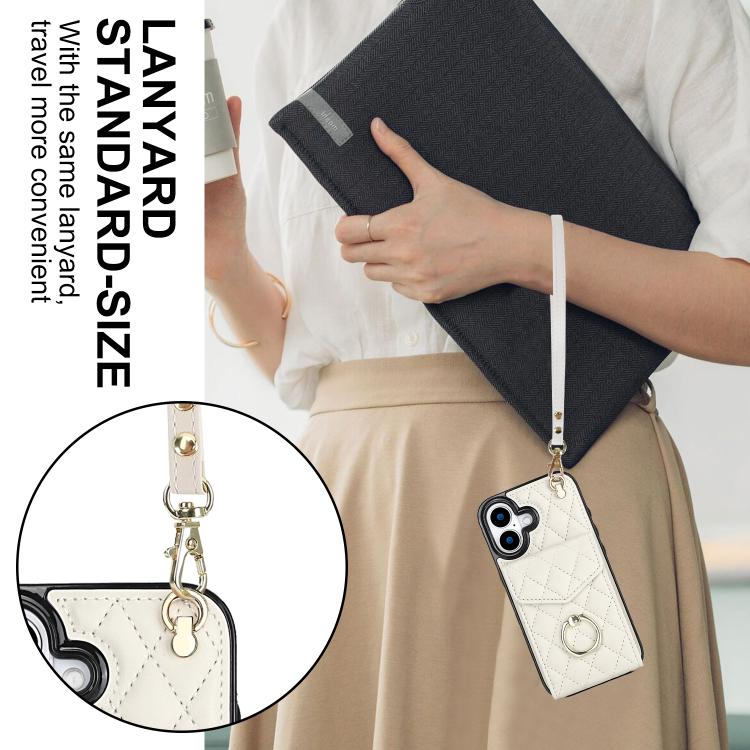 For iPhone 17 Rhombic Texture Card Bag Phone Case with Long Lanyard