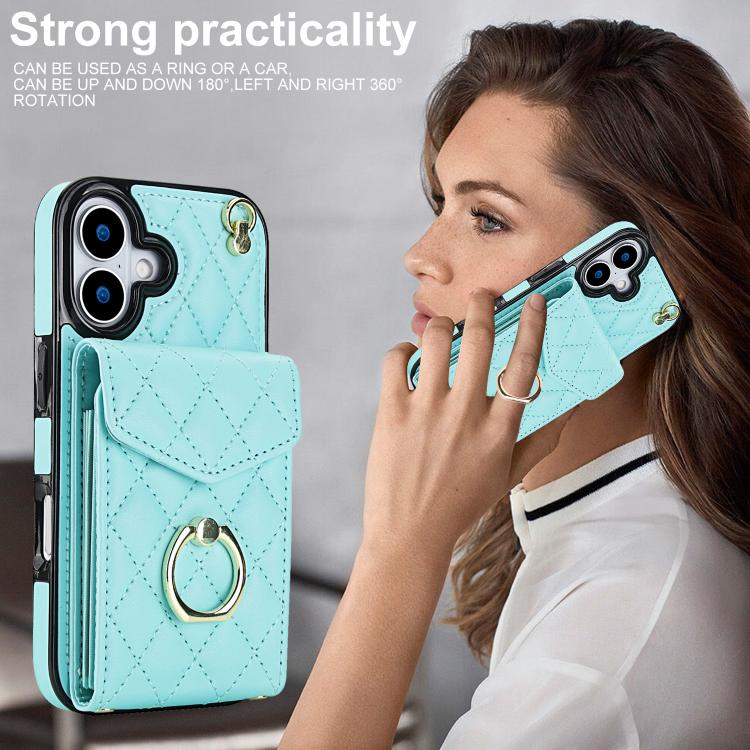 For iPhone 17 Rhombic Texture Card Bag Phone Case with Long Lanyard