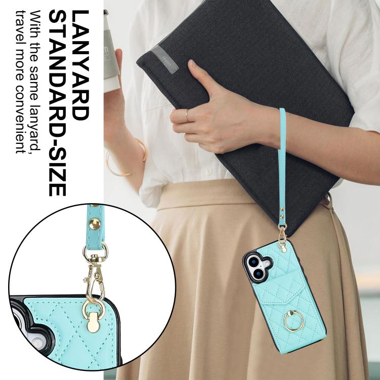 For iPhone 17 Rhombic Texture Card Bag Phone Case with Long Lanyard