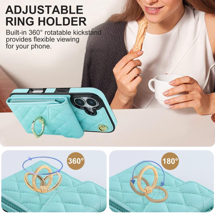 For iPhone 17 Rhombic Texture Card Bag Phone Case with Long Lanyard