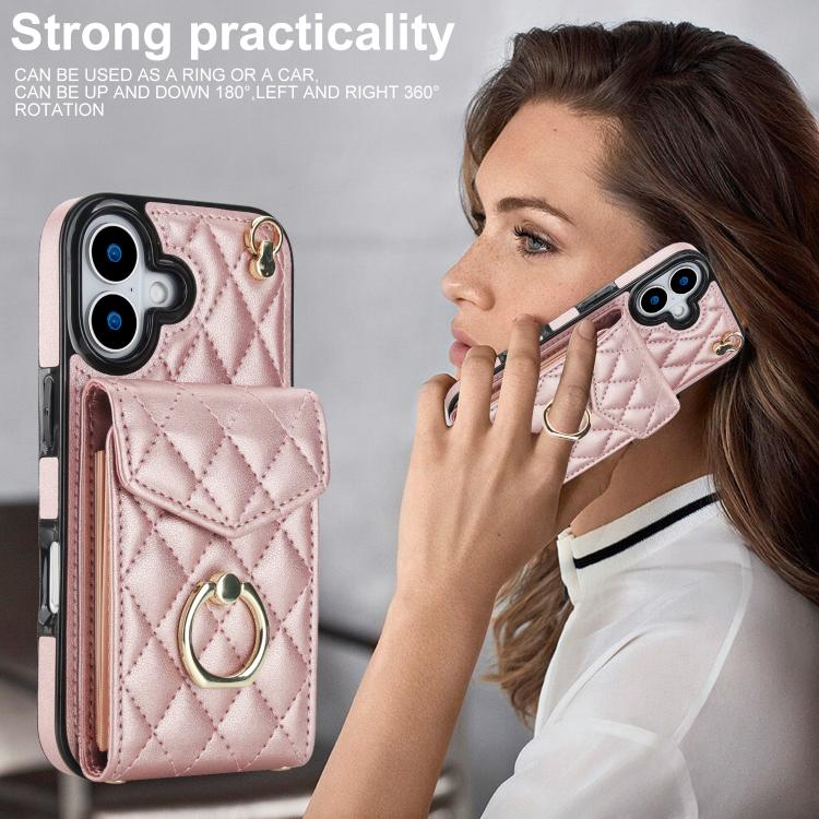 For iPhone 17 Rhombic Texture Card Bag Phone Case with Long Lanyard