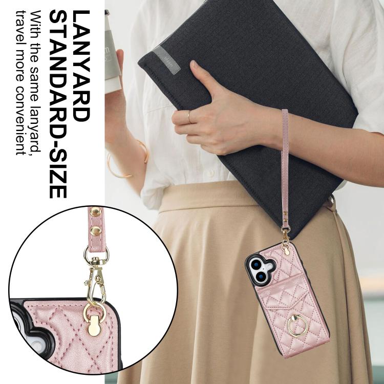 For iPhone 17 Rhombic Texture Card Bag Phone Case with Long Lanyard