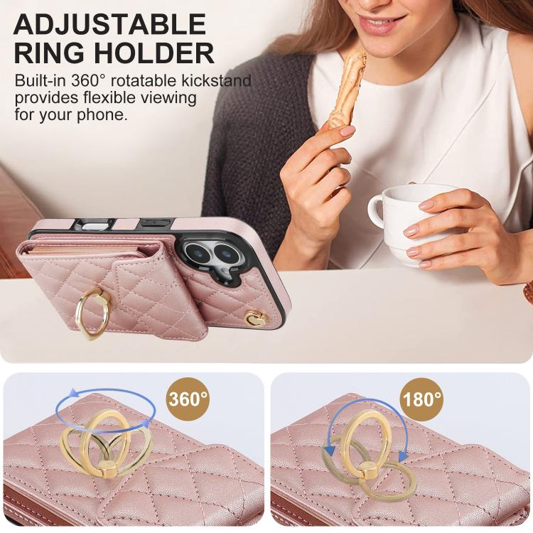 For iPhone 17 Rhombic Texture Card Bag Phone Case with Long Lanyard