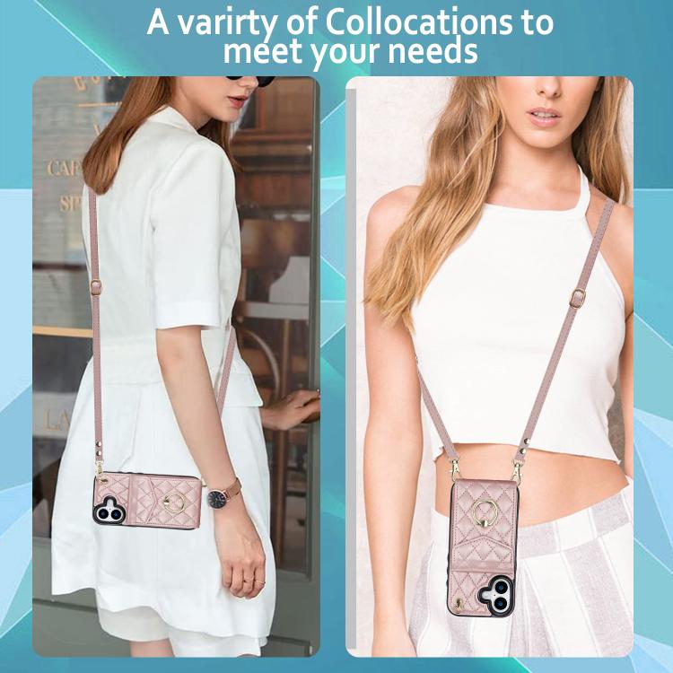 For iPhone 17 Rhombic Texture Card Bag Phone Case with Long Lanyard