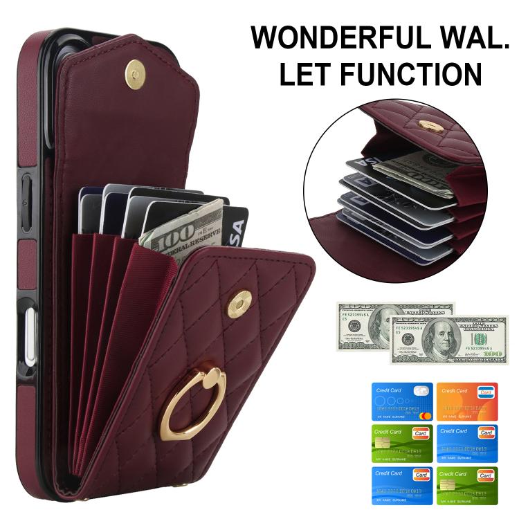For iPhone 17 Rhombic Texture Card Bag Phone Case with Long Lanyard