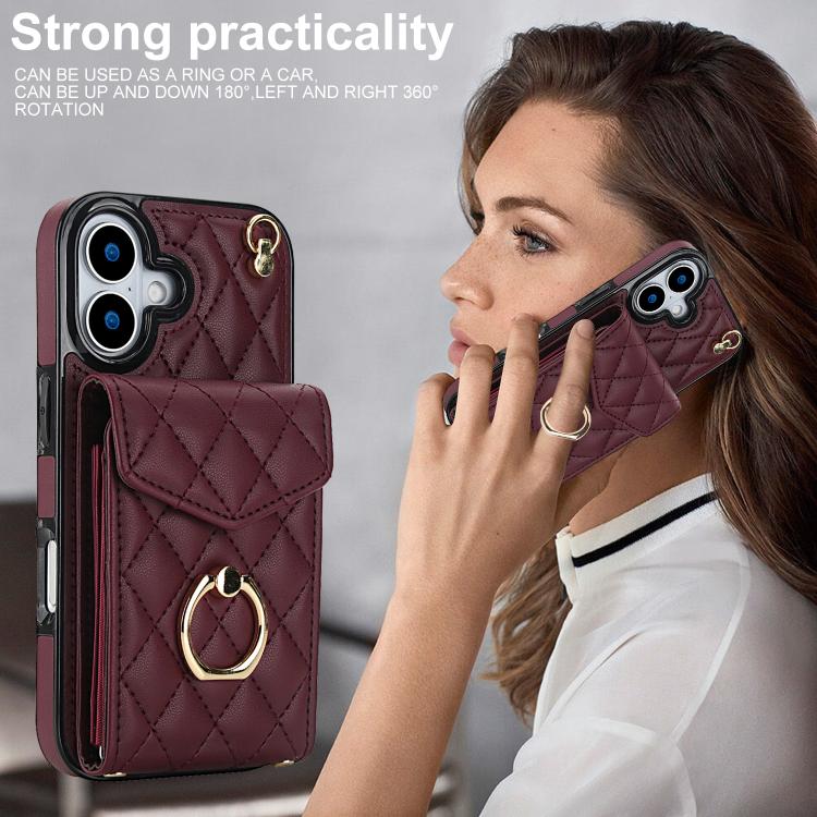 For iPhone 17 Rhombic Texture Card Bag Phone Case with Long Lanyard