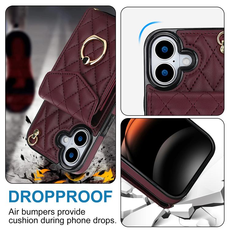 For iPhone 17 Rhombic Texture Card Bag Phone Case with Long Lanyard