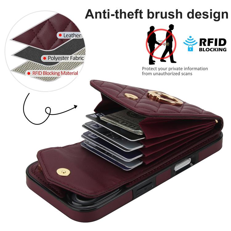For iPhone 17 Rhombic Texture Card Bag Phone Case with Long Lanyard