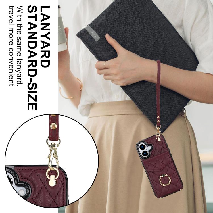 For iPhone 17 Rhombic Texture Card Bag Phone Case with Long Lanyard