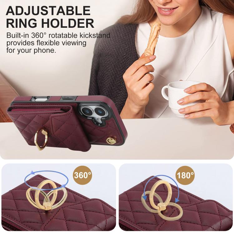For iPhone 17 Rhombic Texture Card Bag Phone Case with Long Lanyard