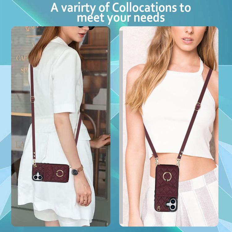 For iPhone 17 Rhombic Texture Card Bag Phone Case with Long Lanyard
