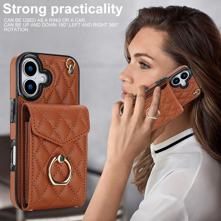 For iPhone 17 Rhombic Texture Card Bag Phone Case with Long Lanyard
