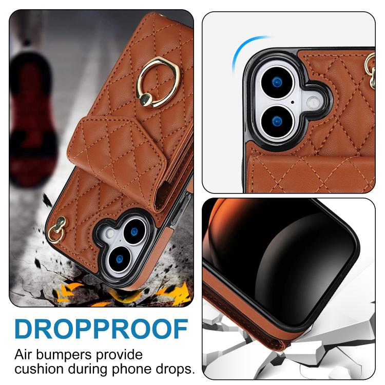 For iPhone 17 Rhombic Texture Card Bag Phone Case with Long Lanyard