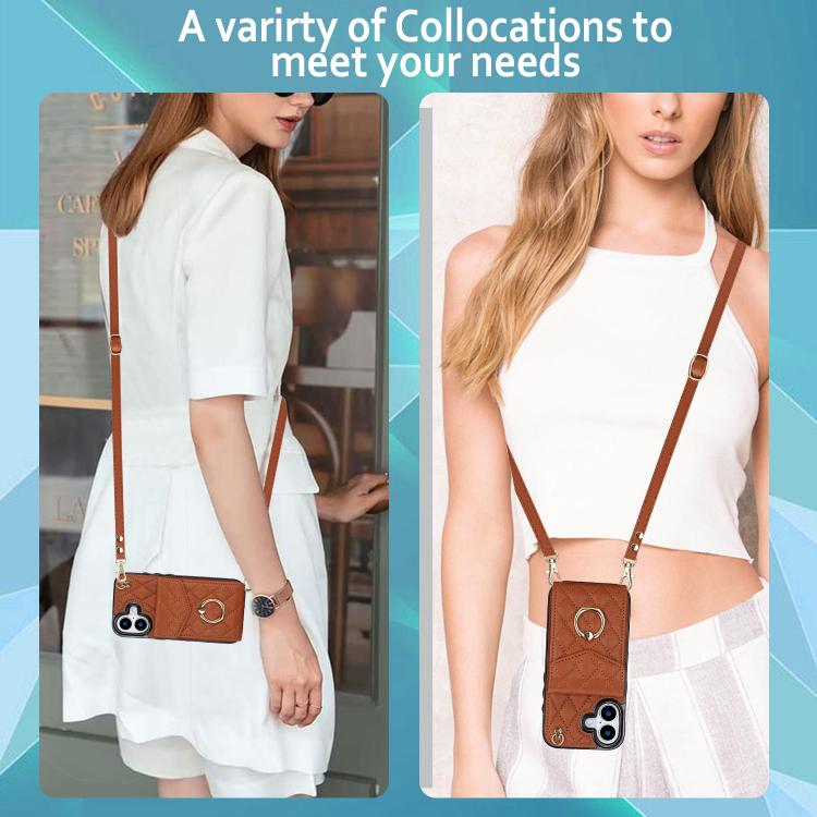 For iPhone 17 Rhombic Texture Card Bag Phone Case with Long Lanyard