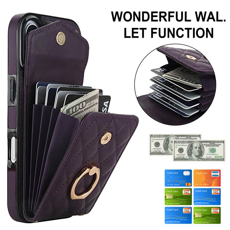 For iPhone 17 Rhombic Texture Card Bag Phone Case with Long Lanyard