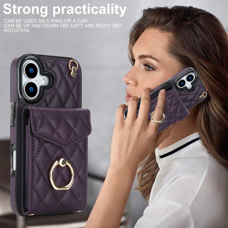 For iPhone 17 Rhombic Texture Card Bag Phone Case with Long Lanyard
