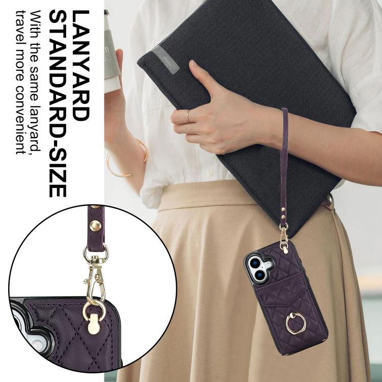For iPhone 17 Rhombic Texture Card Bag Phone Case with Long Lanyard