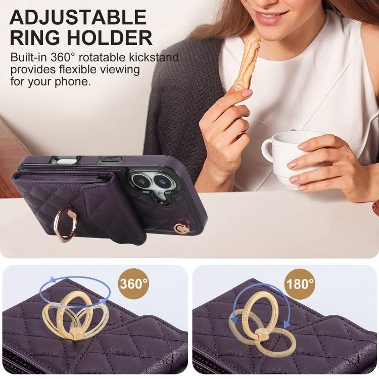 For iPhone 17 Rhombic Texture Card Bag Phone Case with Long Lanyard