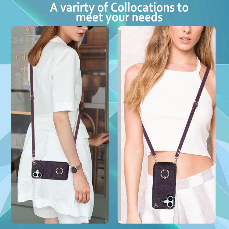 For iPhone 17 Rhombic Texture Card Bag Phone Case with Long Lanyard