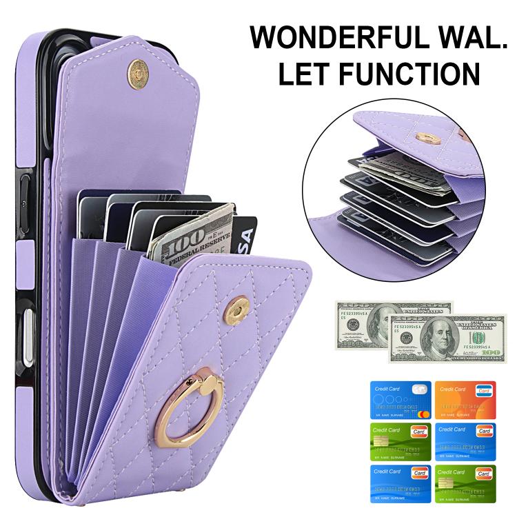 For iPhone 17 Rhombic Texture Card Bag Phone Case with Long Lanyard