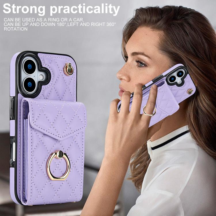 For iPhone 17 Rhombic Texture Card Bag Phone Case with Long Lanyard