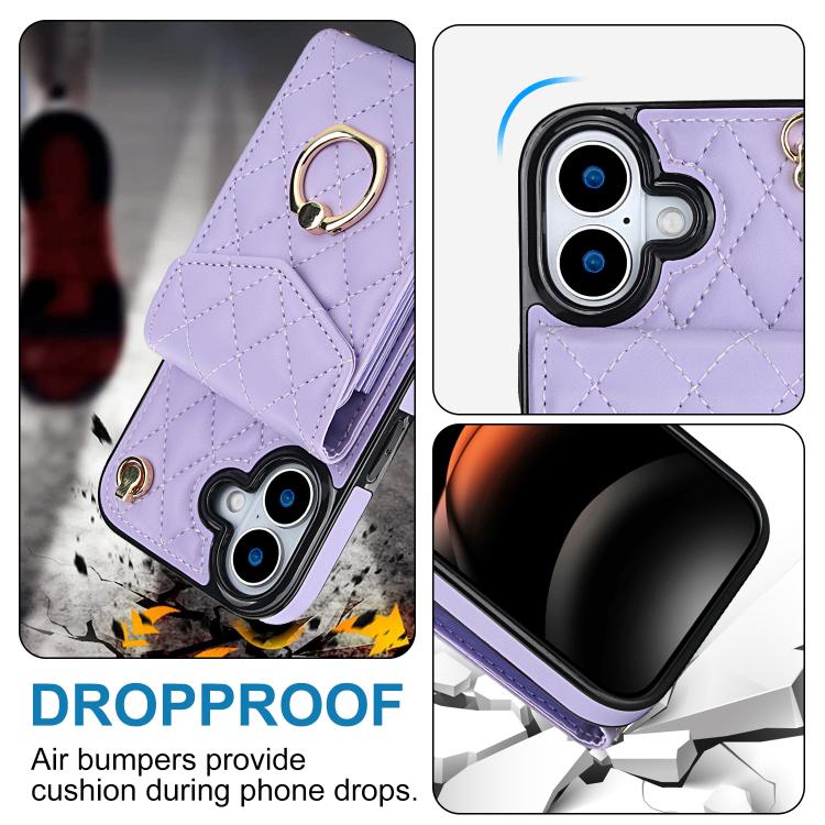 For iPhone 17 Rhombic Texture Card Bag Phone Case with Long Lanyard