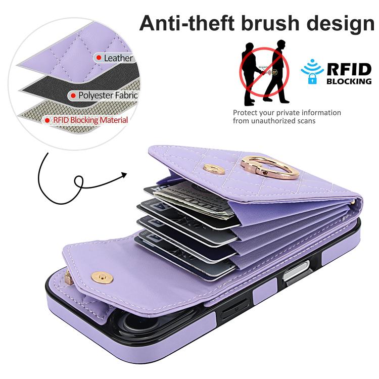 For iPhone 17 Rhombic Texture Card Bag Phone Case with Long Lanyard