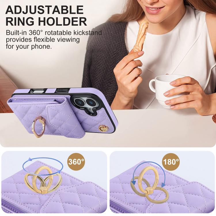 For iPhone 17 Rhombic Texture Card Bag Phone Case with Long Lanyard