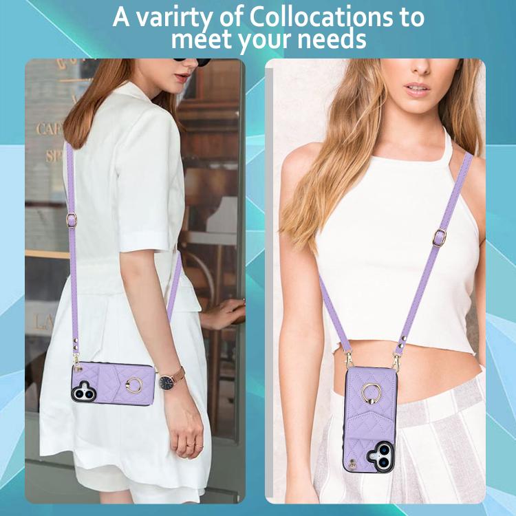 For iPhone 17 Rhombic Texture Card Bag Phone Case with Long Lanyard