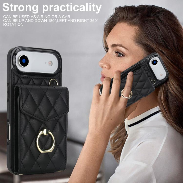 For iPhone Air Rhombic Texture Card Bag Phone Case with Long Lanyard