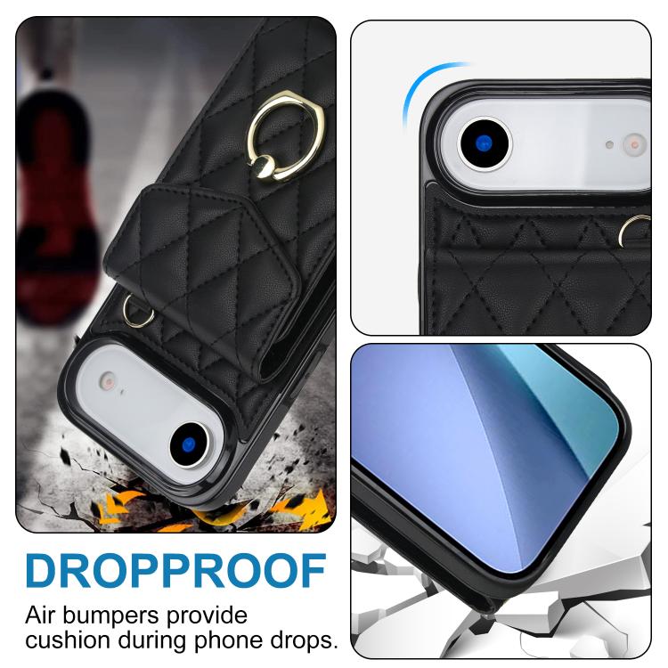 For iPhone Air Rhombic Texture Card Bag Phone Case with Long Lanyard