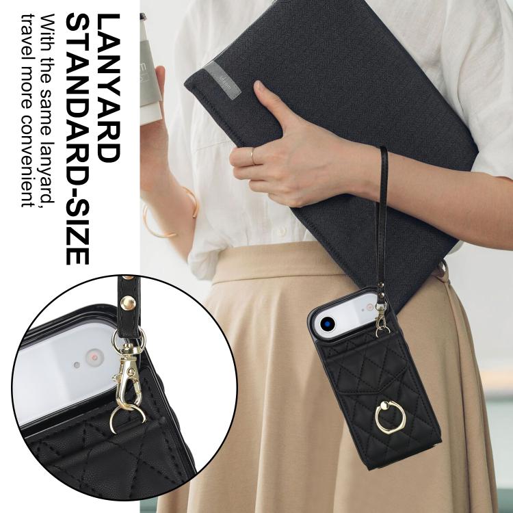 For iPhone Air Rhombic Texture Card Bag Phone Case with Long Lanyard